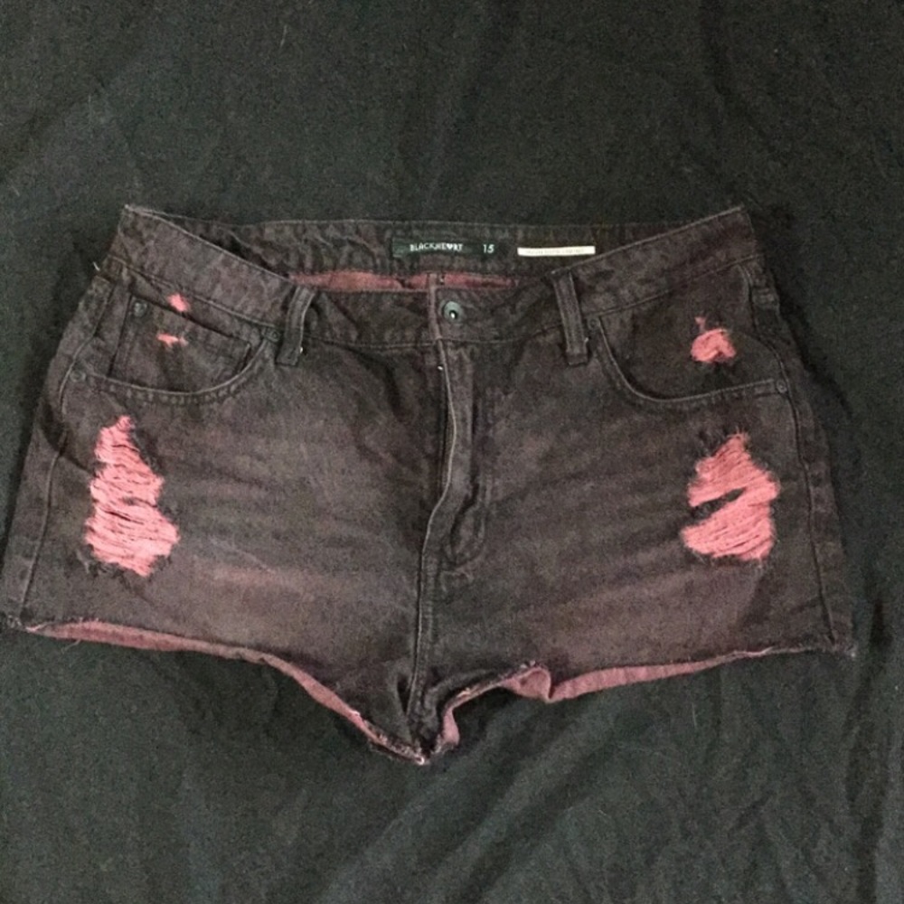 Distressed red high rise shorts